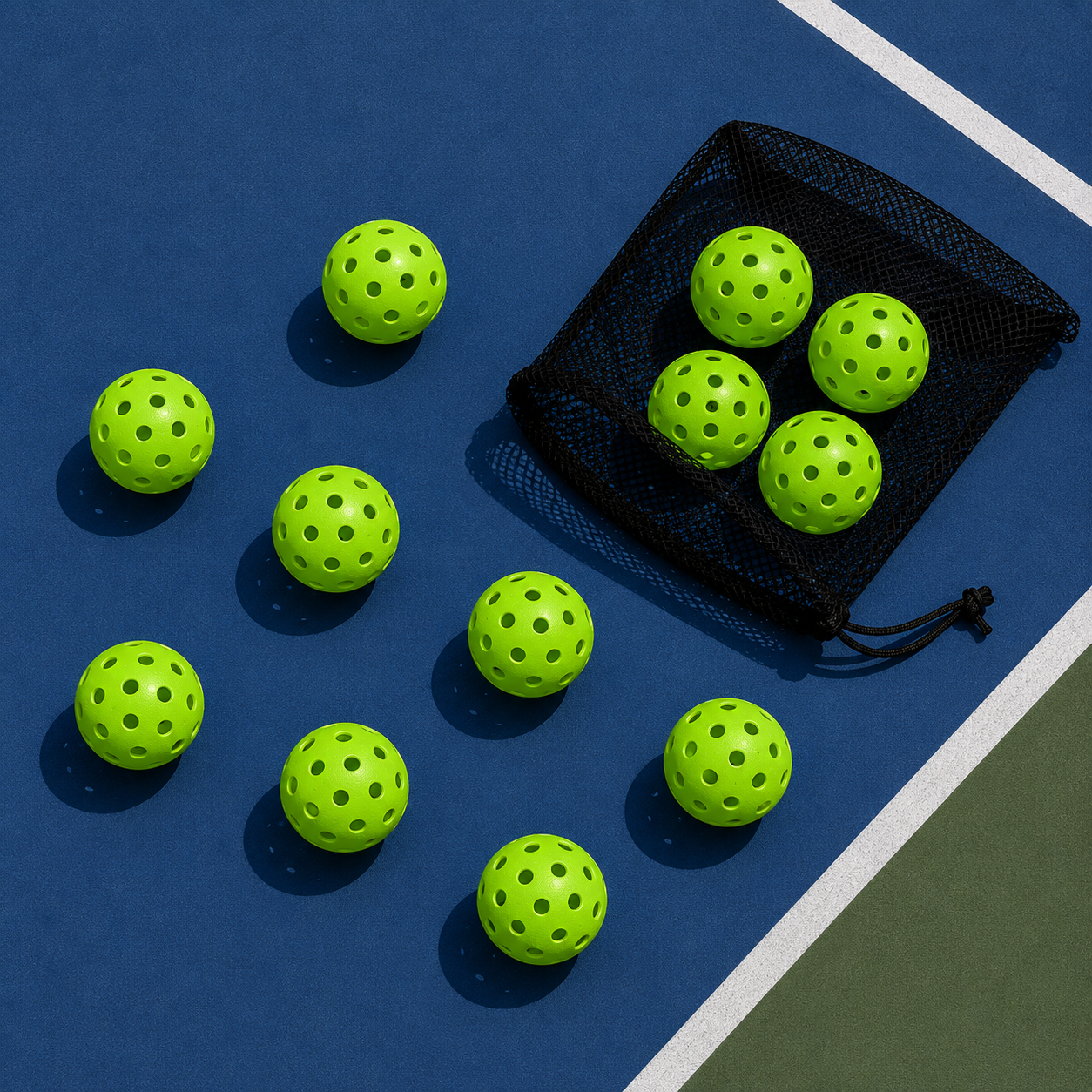 Lot de 12 balles de pickleball vert haute visibilité pour l'entraînement extérieur.
