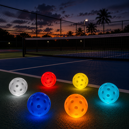 élection de six balles de pickleball lumineuses de couleurs différentes (blanc, bleu, orange, jaune, rouge, cyan) brillant la nuit.