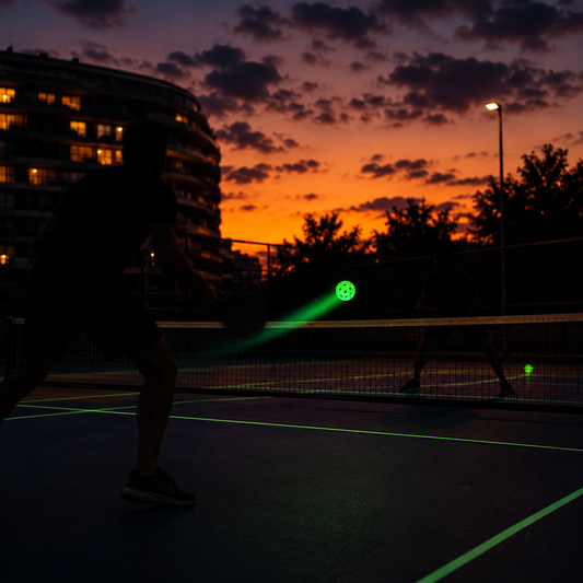 Deux joueurs de pickleball en silhouette disputant un match de nuit avec une balle lumineuse verte fluorescente.