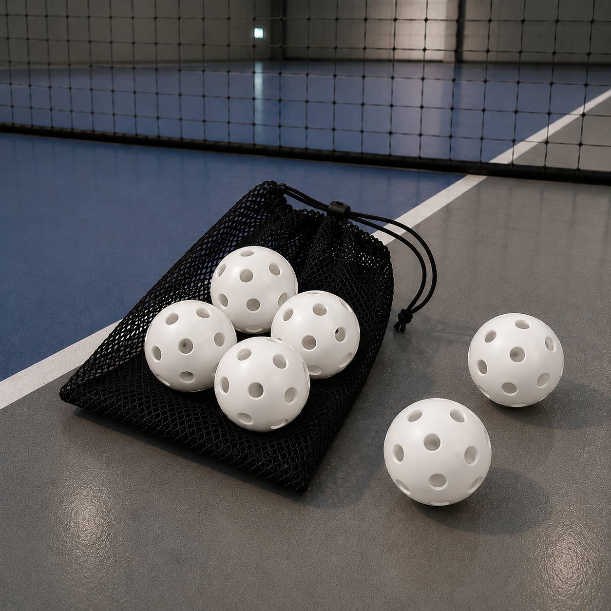 Pochette de rangement contenant 6 balles de pickleball blanches d'intérieur à 26 trous.