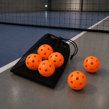 Lot de 6 balles de pickleball d'intérieur oranges à 26 trous avec leur sac en filet noir sur terrain indoor.