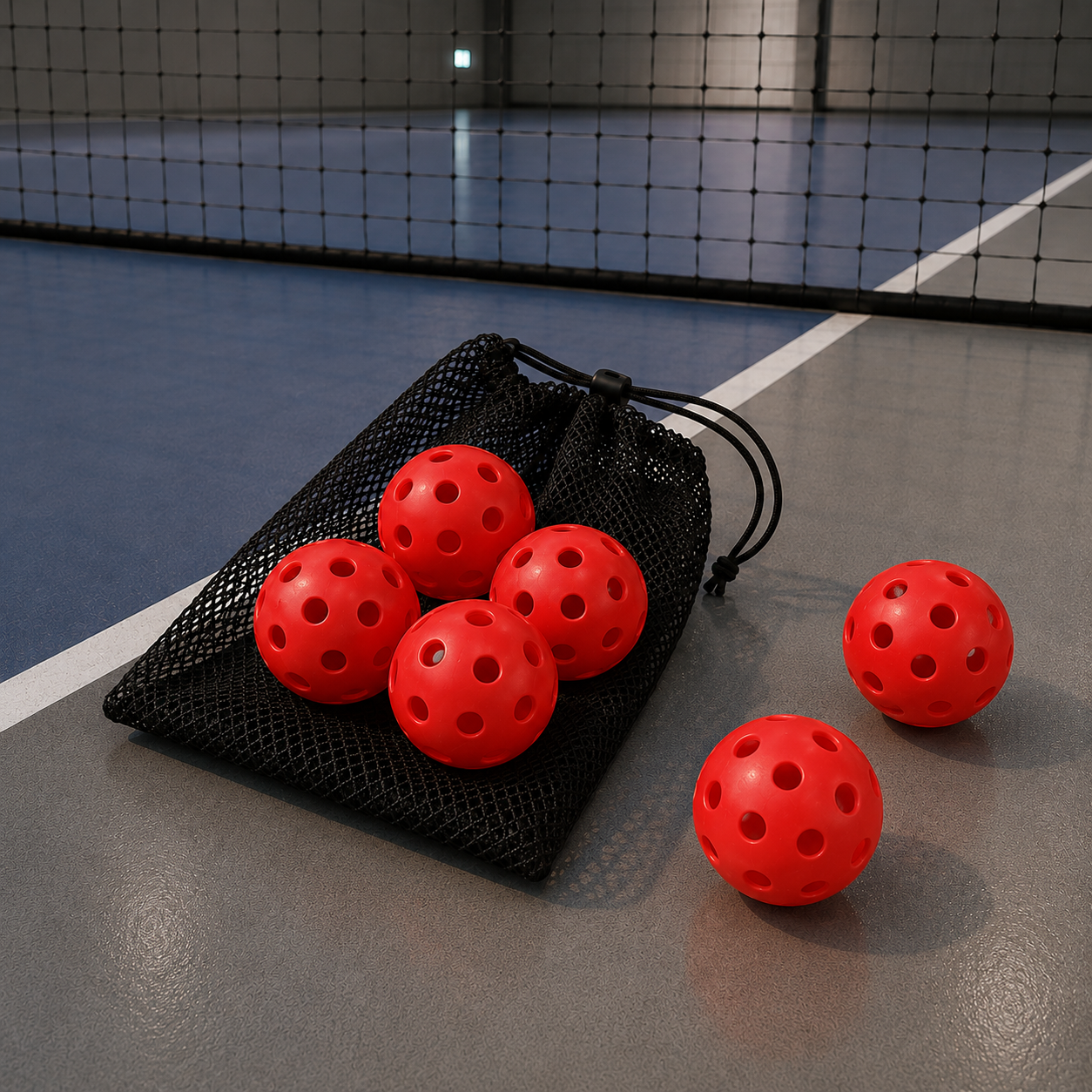 Balles de pickleball indoor rouges de 26 trous avec filet à cordon pour l'entraînement en salle.