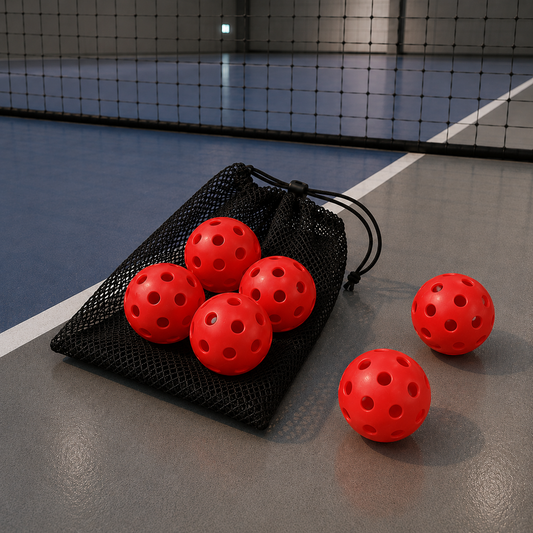 Balles de pickleball indoor rouges de 26 trous avec filet à cordon pour l'entraînement en salle.