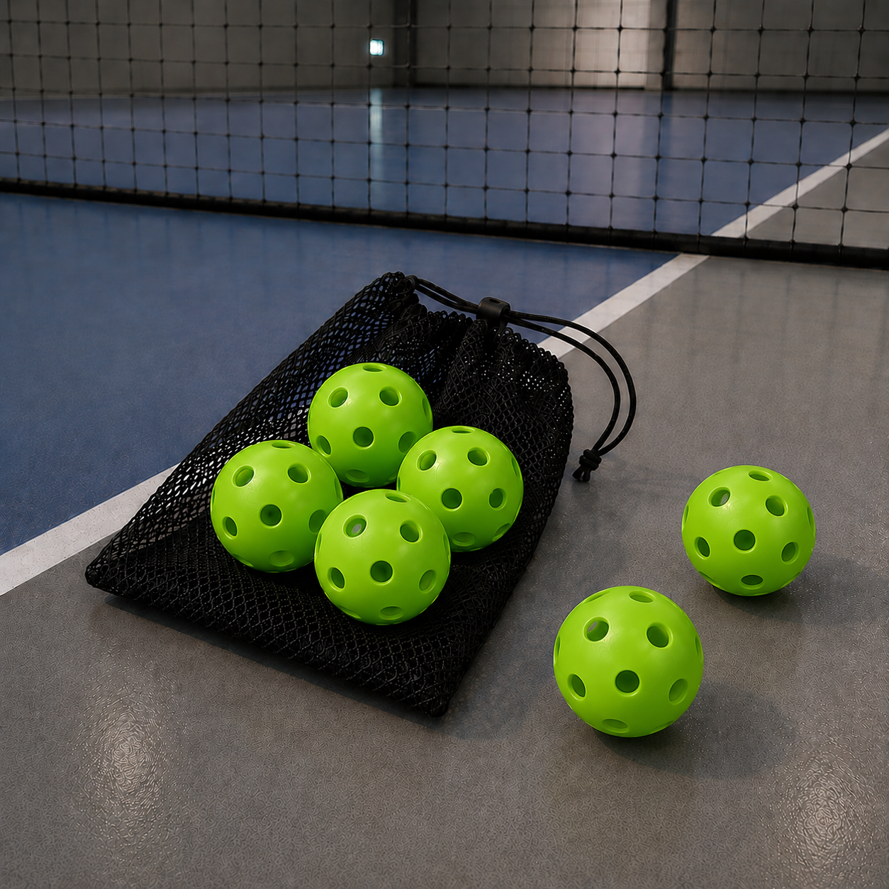 Set de 6 balles indoor de pickleball vert citron fluorescent dotées de 26 grands trous pour gymnase.