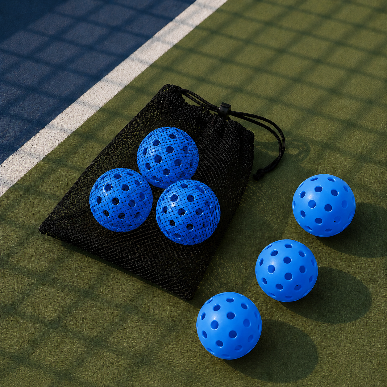 Lot de 6 balles de pickleball bleu azur haute visibilité et leur sac de rangement en mesh.