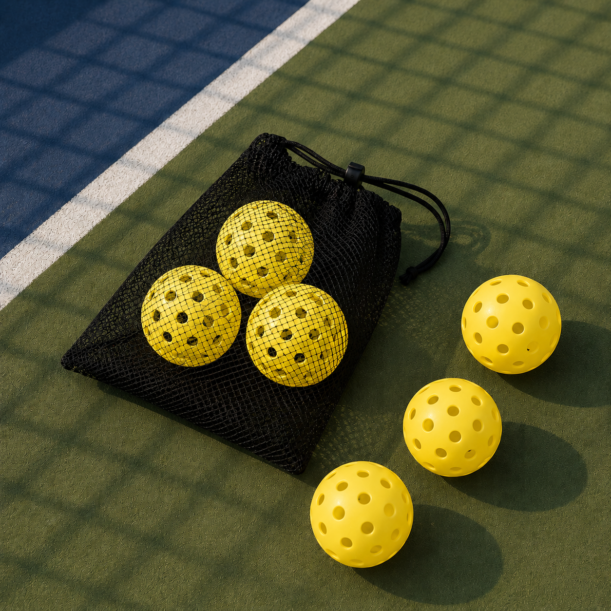 Set officiel de 6 balles de pickleball jaunes et sac de transport en filet pour joueur de club.