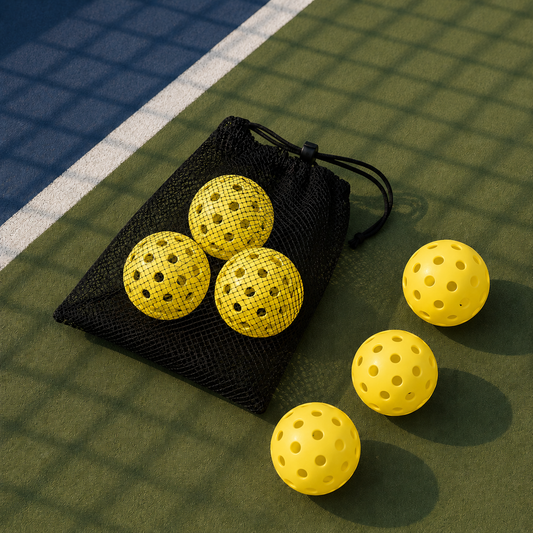 Set officiel de 6 balles de pickleball jaunes et sac de transport en filet pour joueur de club.