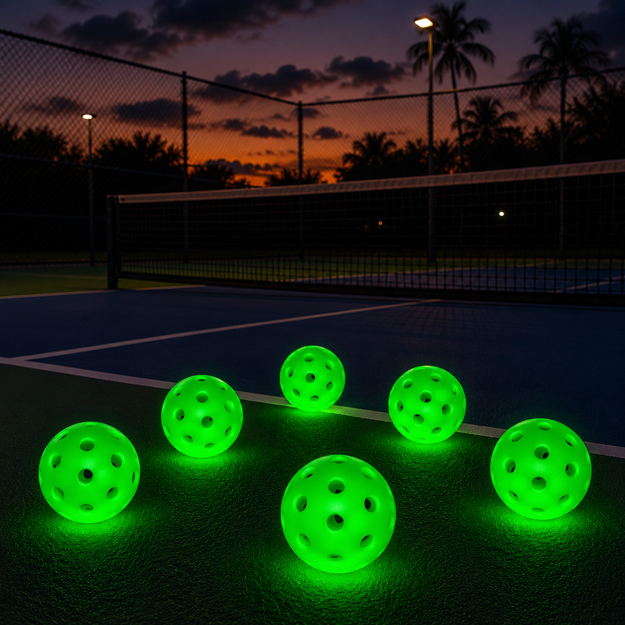 Lot de six balles de pickleball lumineuses LED vert fluorescent brillant sur le court au coucher du soleil.