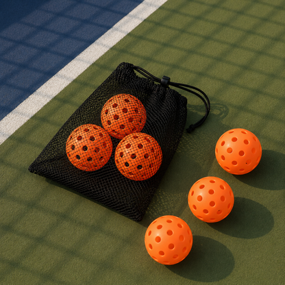 Set de 6 balles de pickleball oranges extérieures avec son sac de transport en filet noir posé sur le court.