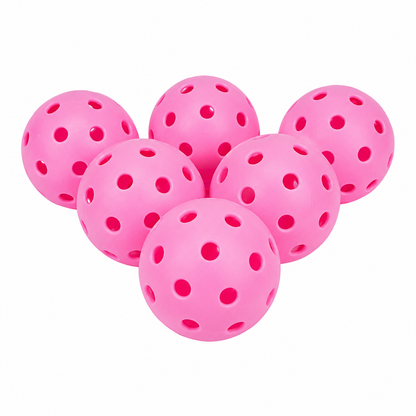 Pack de 6 balles de pickleball couleur rose vif avec trous réglementaires pour le jeu extérieur.