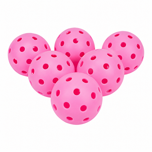 Pack de 6 balles de pickleball couleur rose vif avec trous réglementaires pour le jeu extérieur.