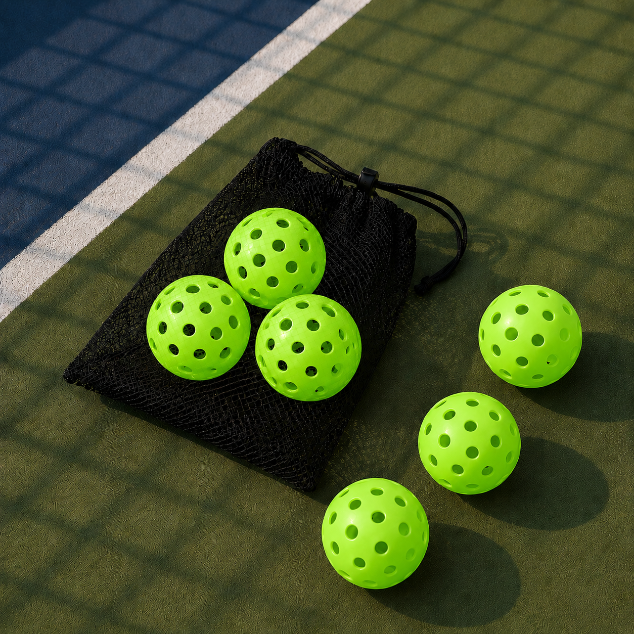 Pack de 6 balles de pickleball vert  fluorescent avec filet de transport à cordon de serrage.