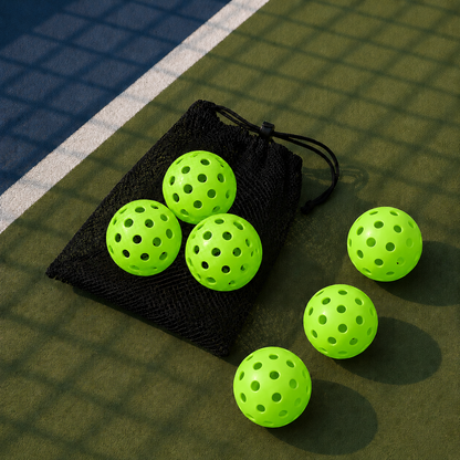 Pack de 6 balles de pickleball vert  fluorescent avec filet de transport à cordon de serrage.