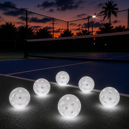 Balles de pickleball lumineuses blanches retroéclairées par LED pour une visibilité maximale dans le noir.