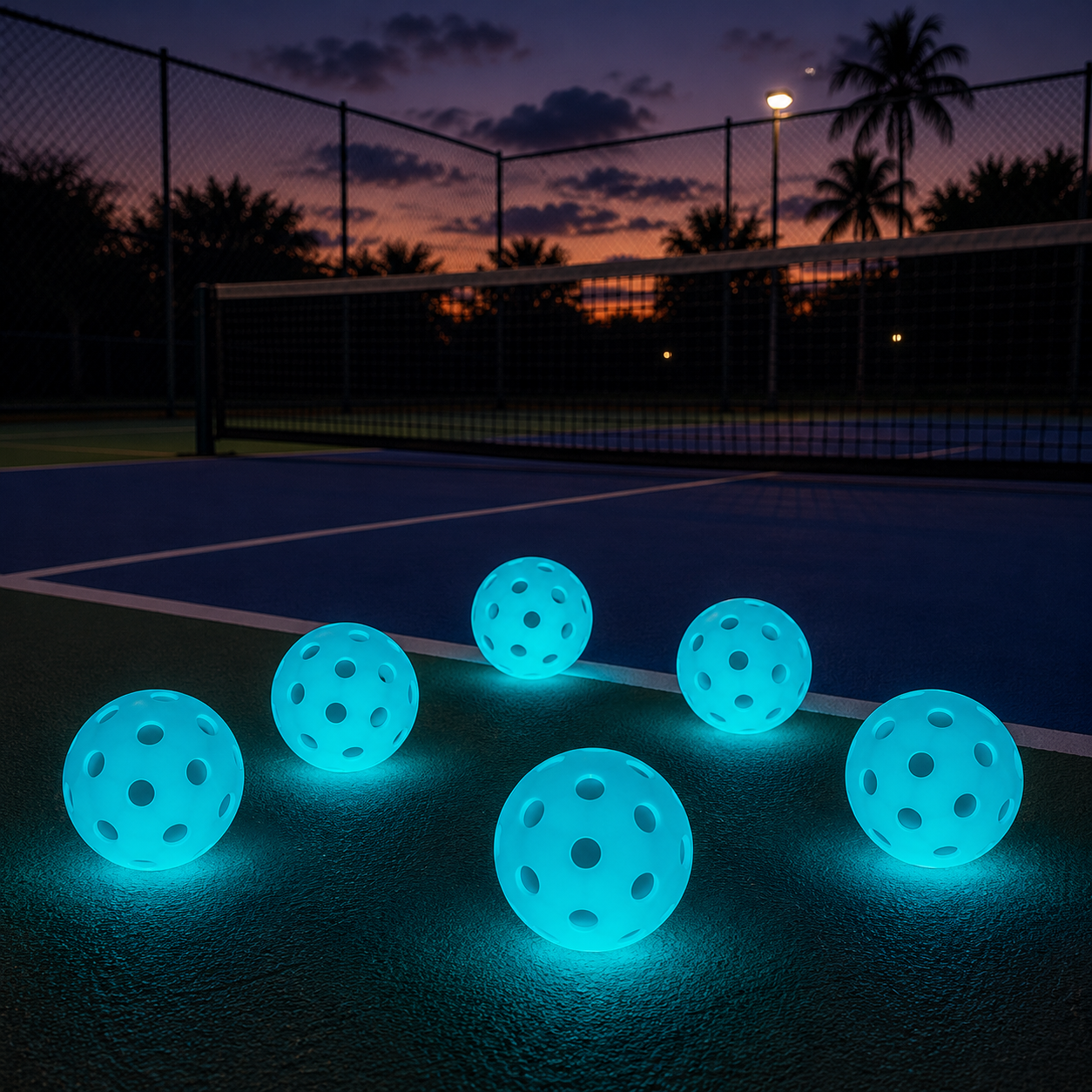 Lot de balles de pickleball lumineuses bleu clair idéales pour les parties nocturnes.