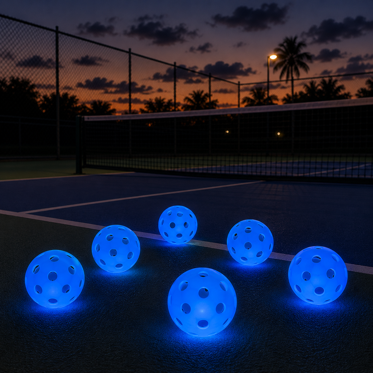 Balles de pickleball phosphorescentes et lumineuses à éclairage LED bleu néon.