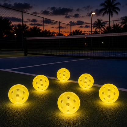 Six balles de pickleball lumineuses jaunes éclatantes posées sur un terrain de sport de nuit.