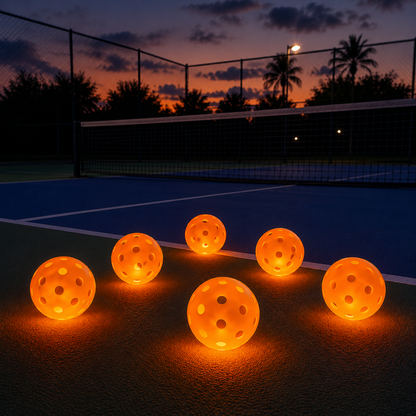 Six balles de pickleball lumineuses orange brillant sur le sol d'un terrain outdoor au crépuscule.
