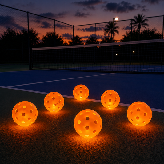 Six balles de pickleball lumineuses orange brillant sur le sol d'un terrain outdoor au crépuscule.