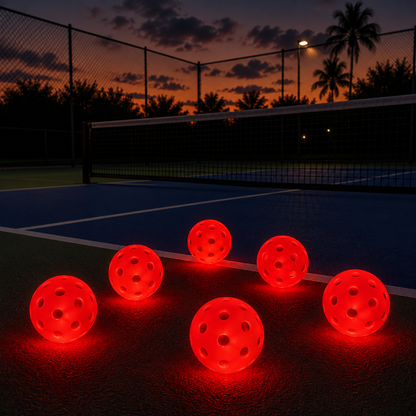 Lot de six balles de pickleball lumineuses à éclairage LED rouge pour le jeu de nuit.