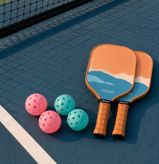 Deux raquettes de pickleball du pack Horizon marron et orange posées au sol avec quatre balles sur un court bleu.