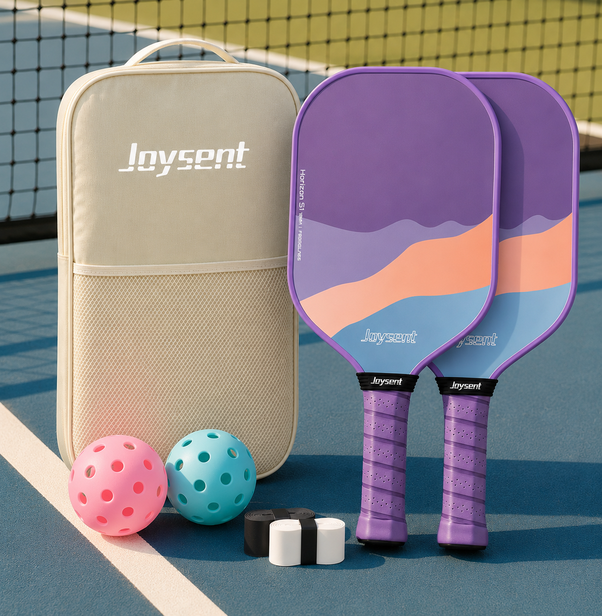 Équipement complet de pickleball pack duo Horizon violet avec sac de transport et ses accessoires.