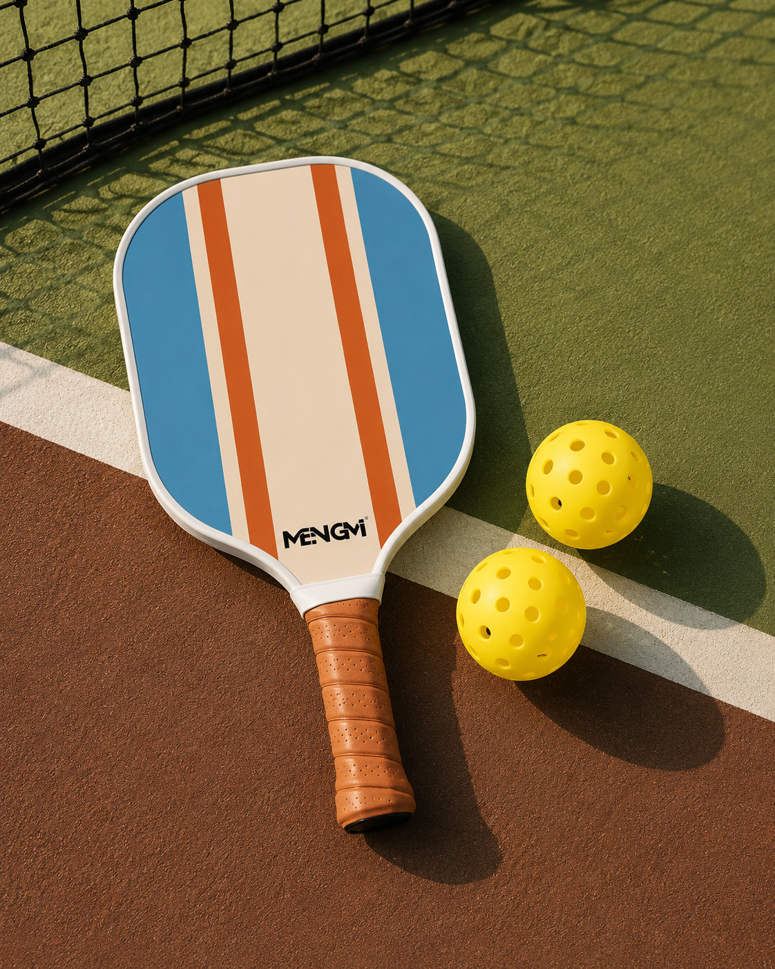 Raquette de pickleball en bois au motif rétro bleu, crème et orange avec deux balles jaunes sur un terrain.