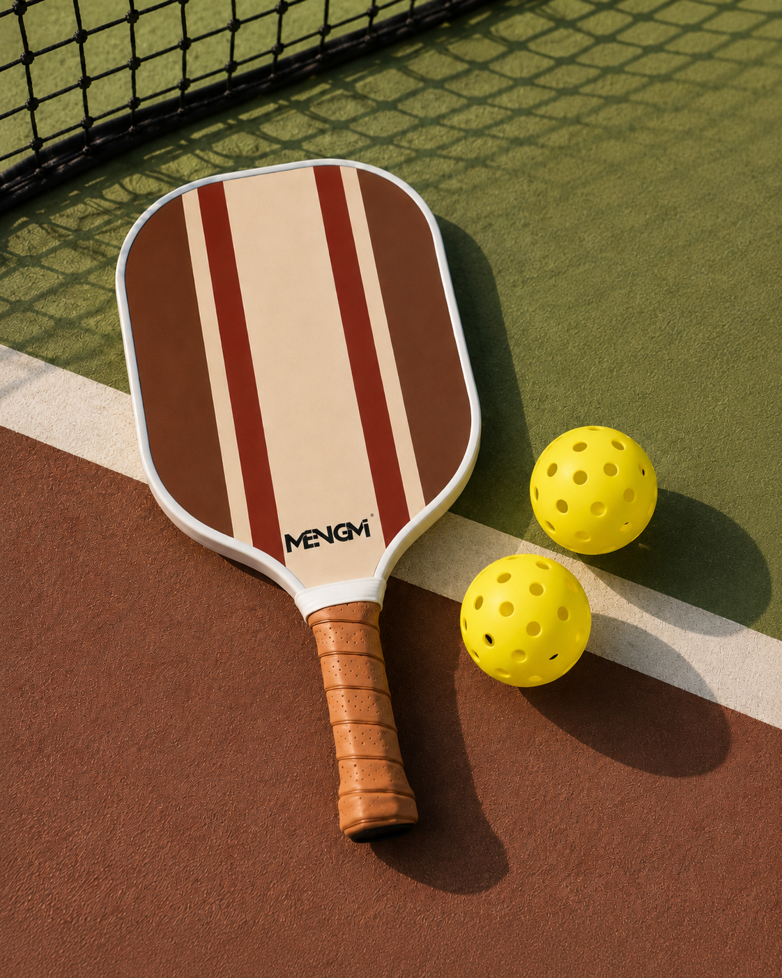 Raquette de pickleball au style rétro marron et bordeaux, vendue en pack individuel avec deux balles.