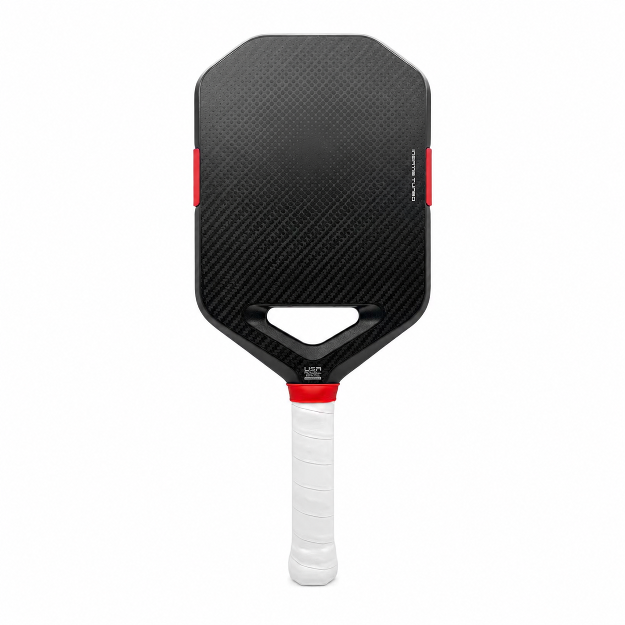 Raquette de pickleball pro en carbone avec manche blanc, inserts rouges et découpe aérodynamique ouverte.