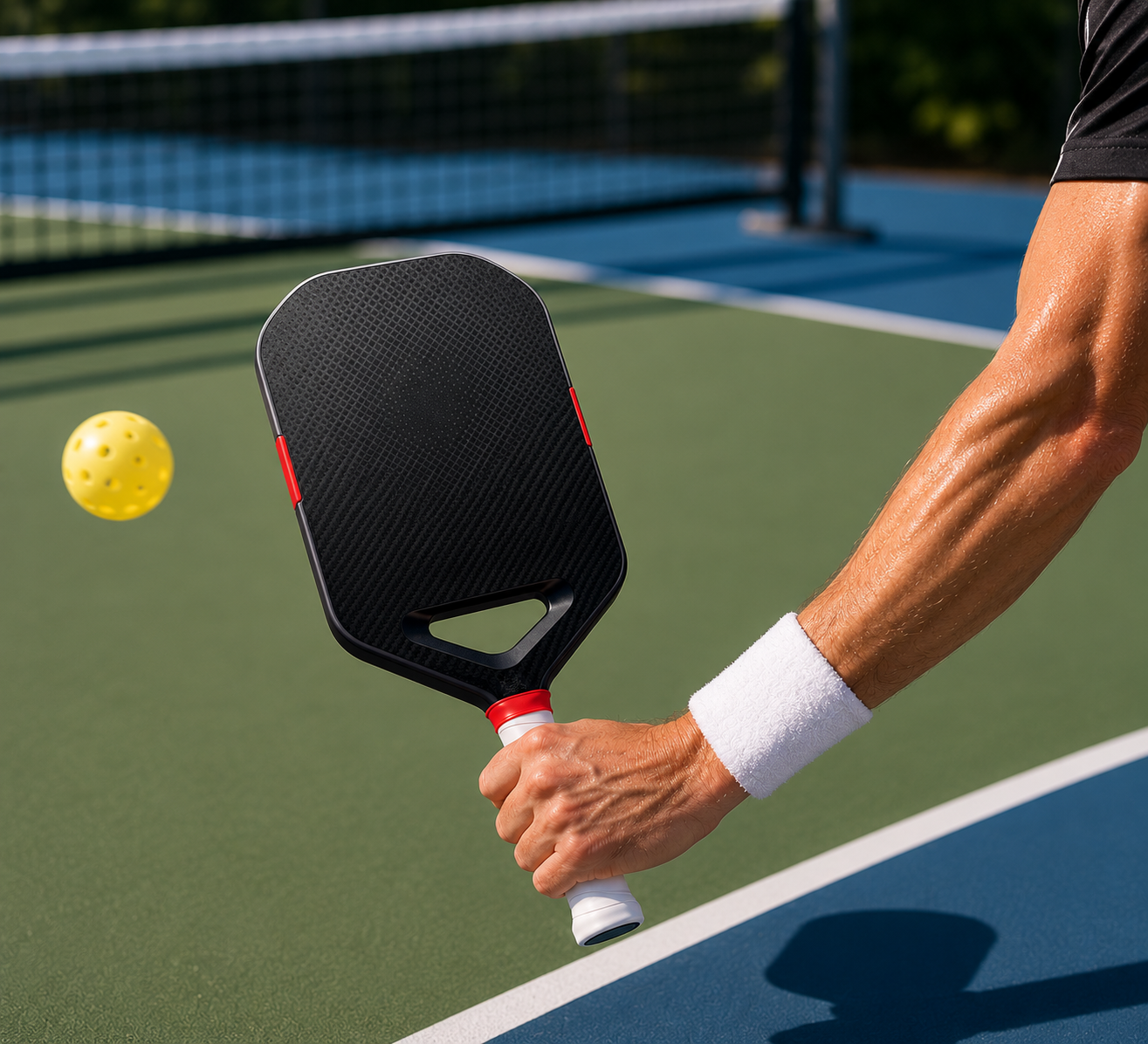 Joueur tenant une raquette de pickleball en carbone noire et rouge face à une balle jaune sur le court.