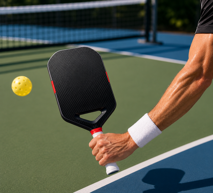 Joueur tenant une raquette de pickleball en carbone noire et rouge face à une balle jaune sur le court.
