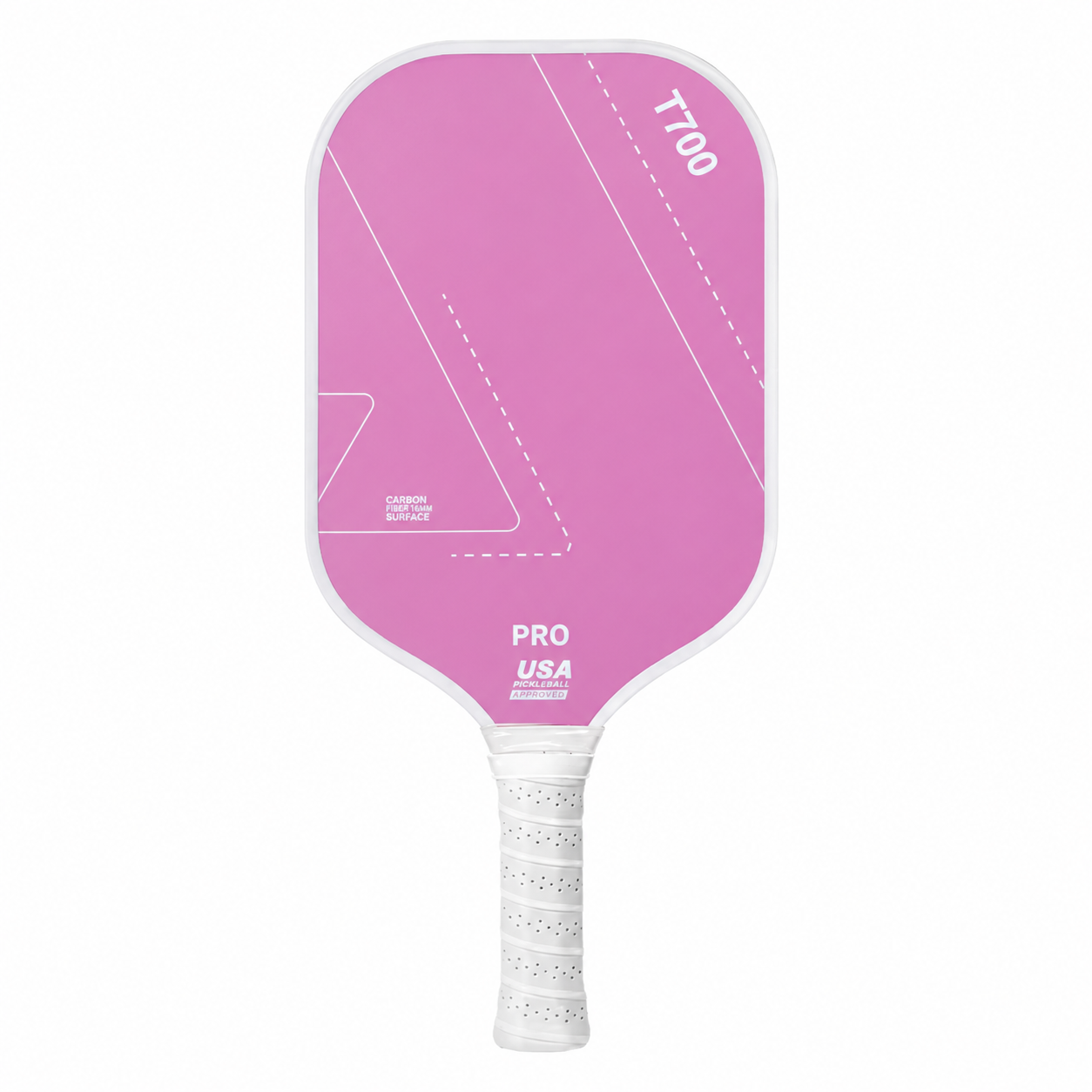 Raquette de pickleball T700 Pro couleur rose foncé pastel avec surface à friction optimisée pour les effets.