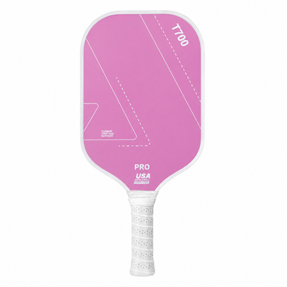 Raquette de pickleball T700 Pro couleur rose foncé pastel avec surface à friction optimisée pour les effets.