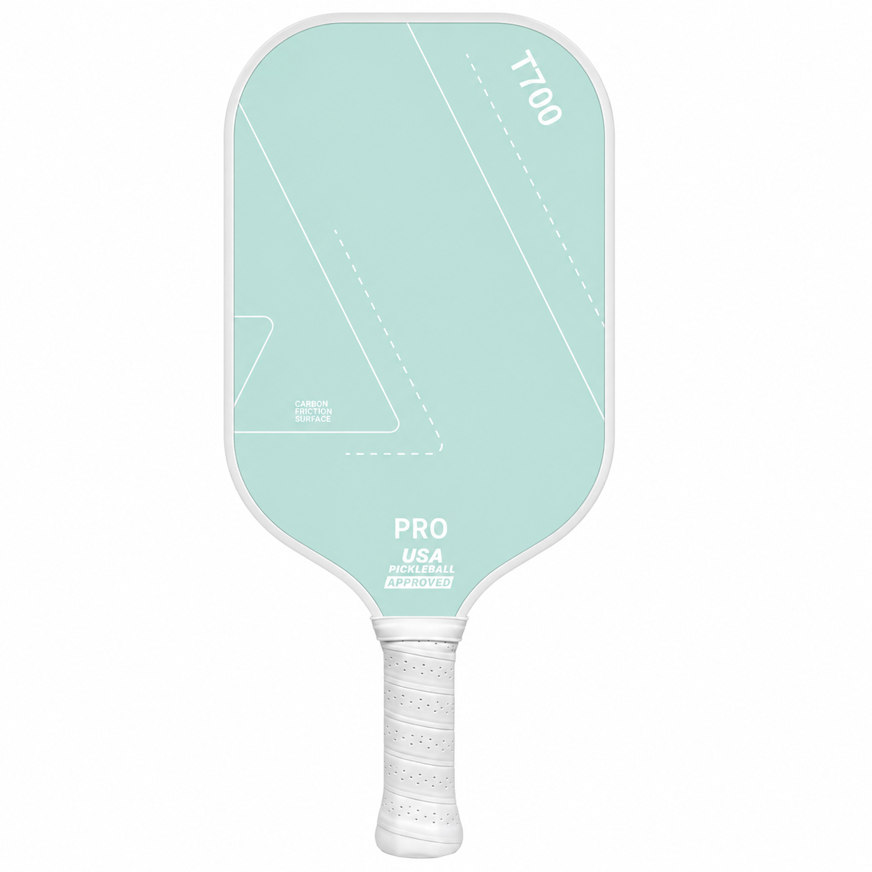 Raquette de pickleball haut de gamme T700 Pro couleur vert menthe pastel avec grip et contour blancs.