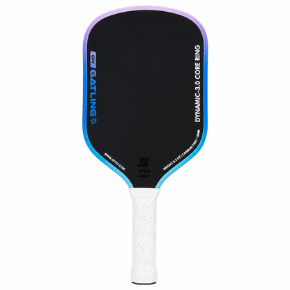 Raquette de pickleball thermoformée Gen5 T800 couleur bleu cyan avec grip blanc perforé.