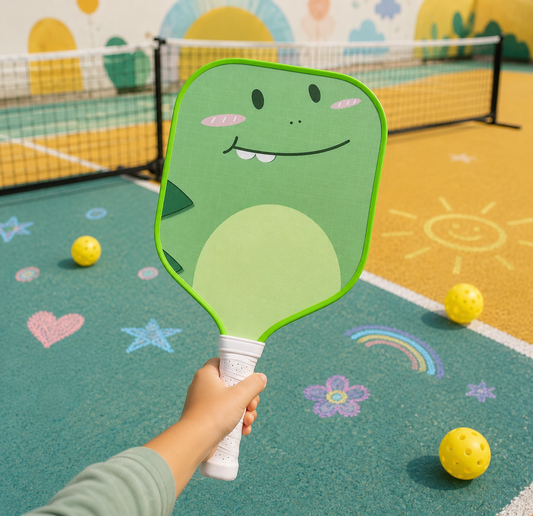 Main d'un enfant tenant la raquette de pickleball dinosaure vert sur un terrain de jeu coloré avec le filet en arrière-plan.
