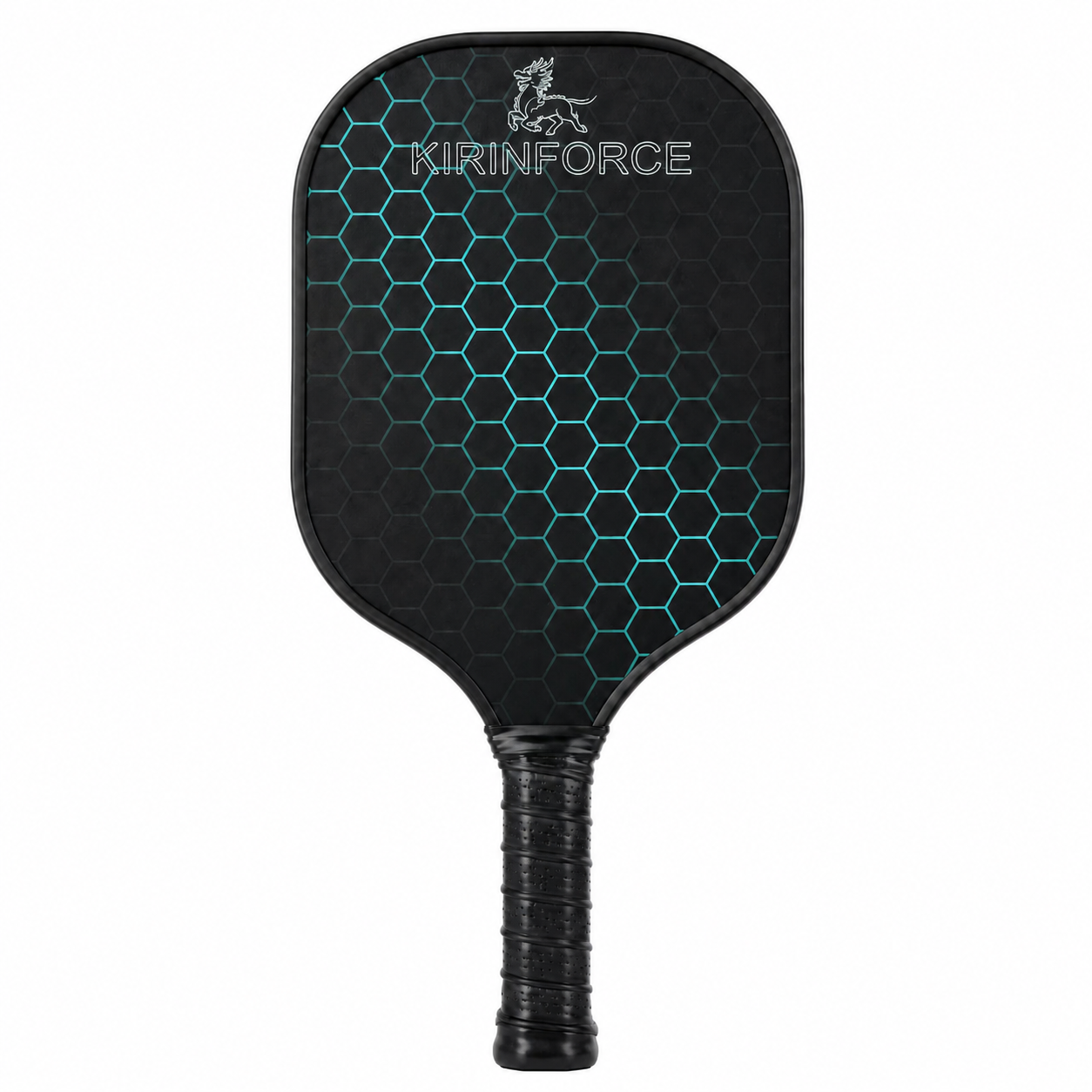 Modèle bleu cyan de la raquette de pickleball Kirinforce avec protection des bords renforcée.