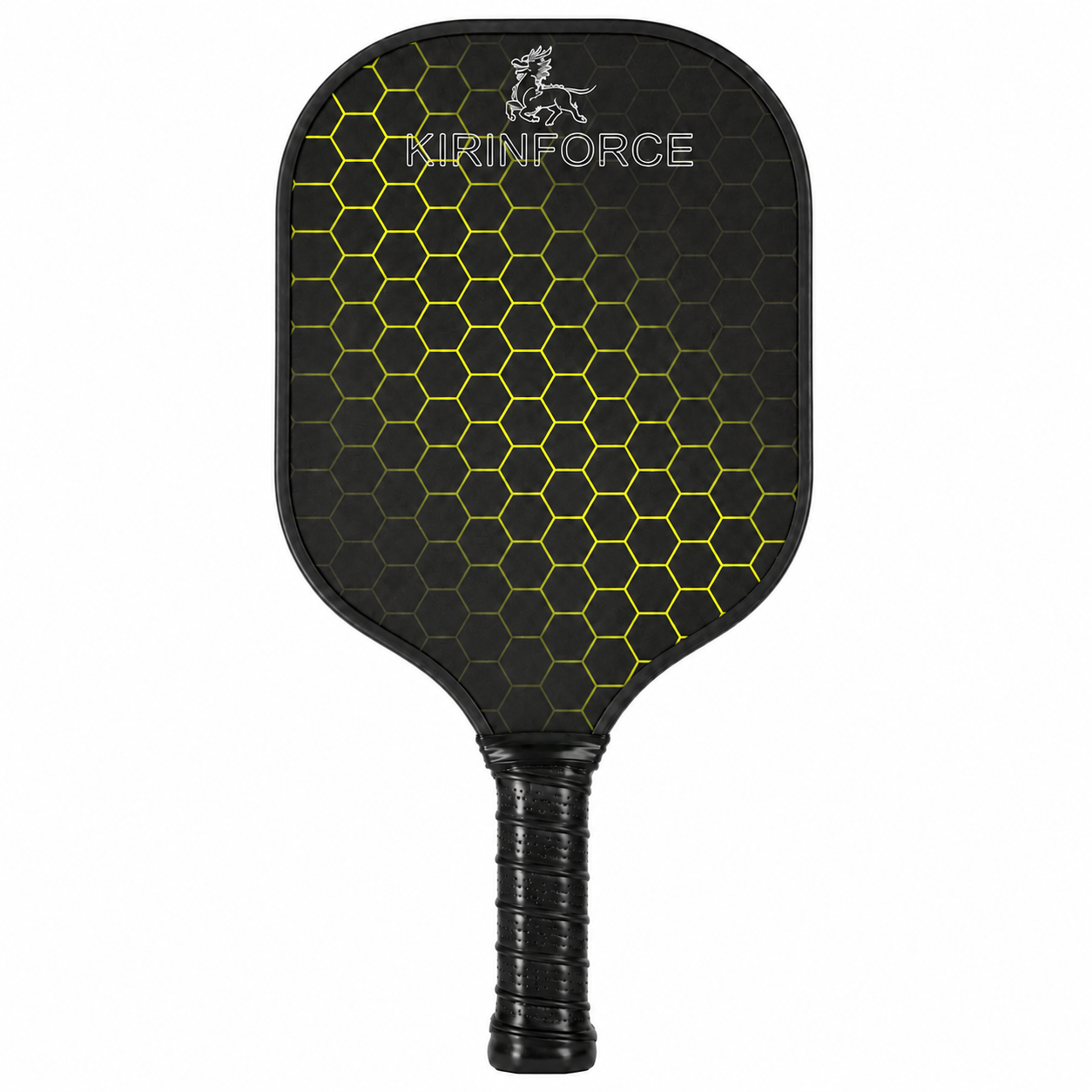 Raquette de pickleball Kirinforce jaune et noire conçue pour le contrôle et un spin optimisé.