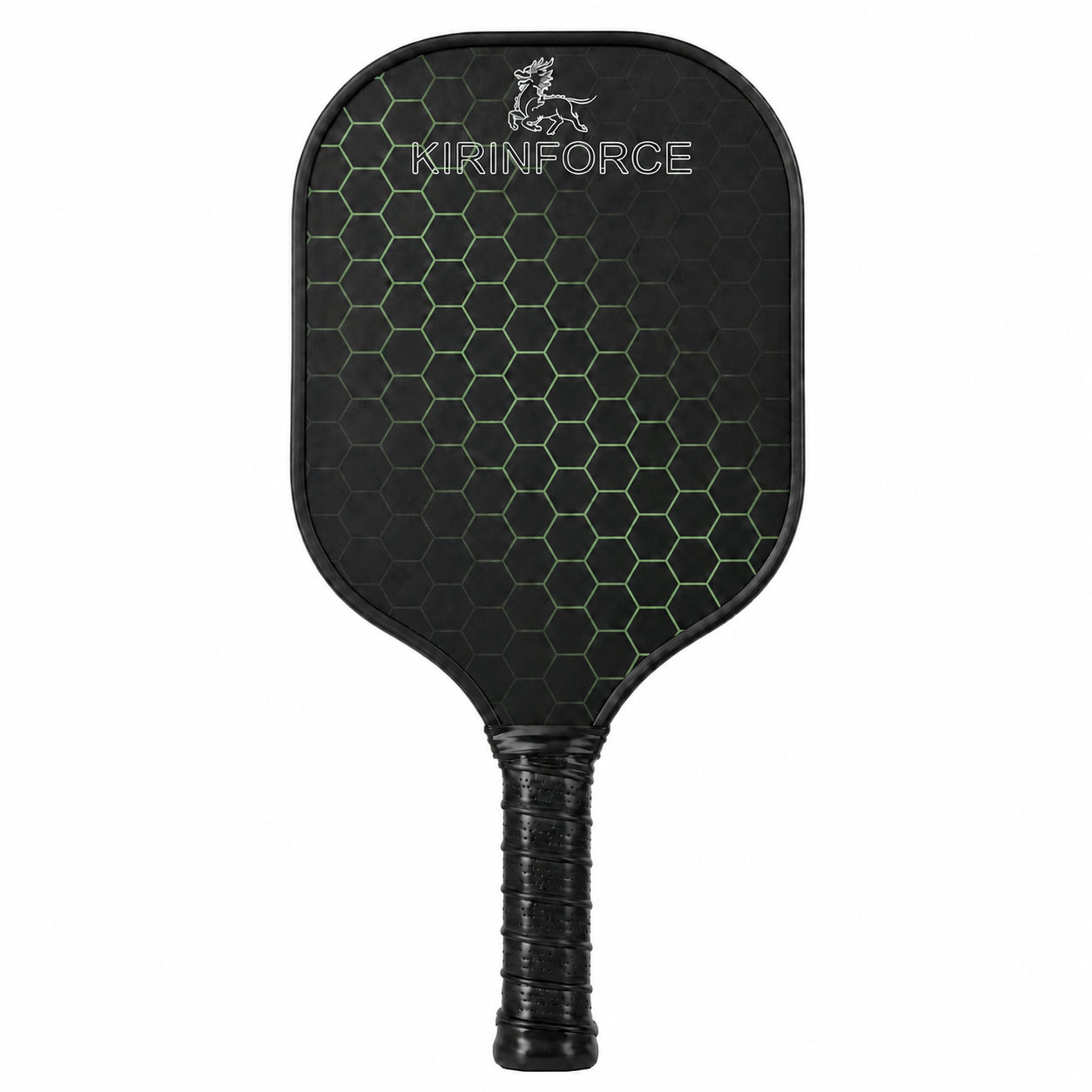 Raquette de pickleball Kirinforce performance avec motif nid d'abeille vert fluo sur fond blanc.