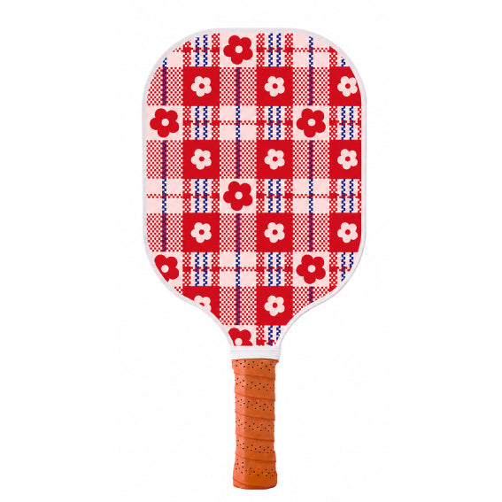 Face verso de la raquette de pickleball Bloom Pink, arborant un motif tartan écossais rouge et blanc parsemé de petites fleurs.