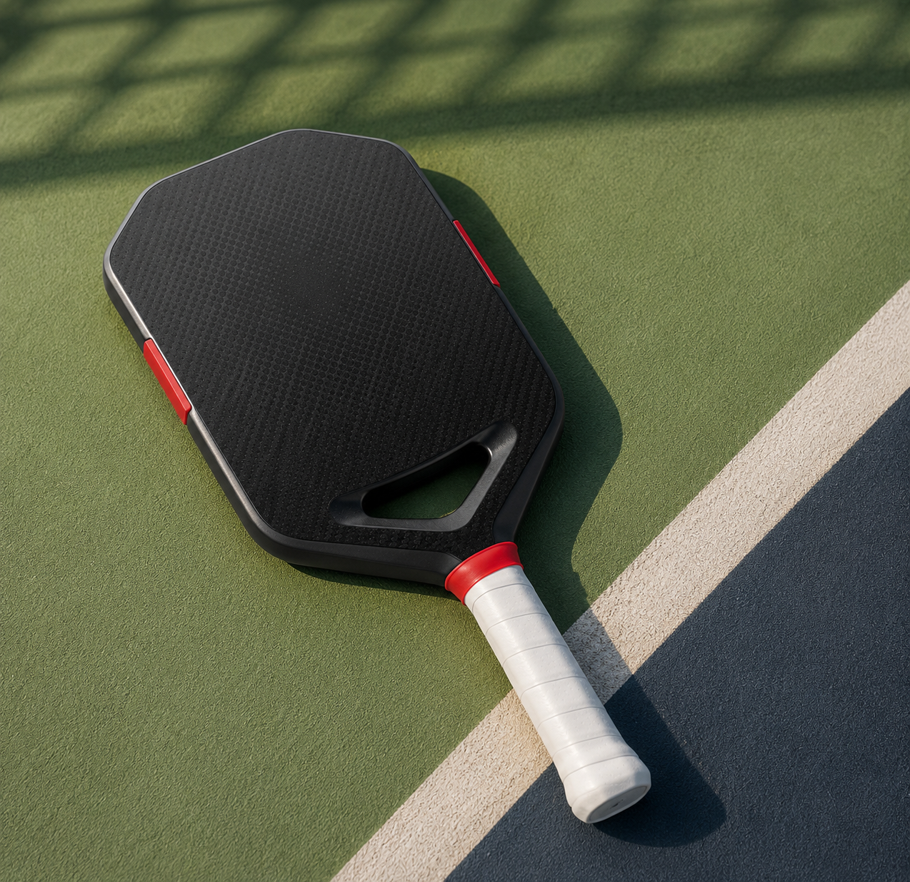 Raquette de pickleball haut de gamme en fibre de carbone posée sur la ligne d'un terrain de sport.