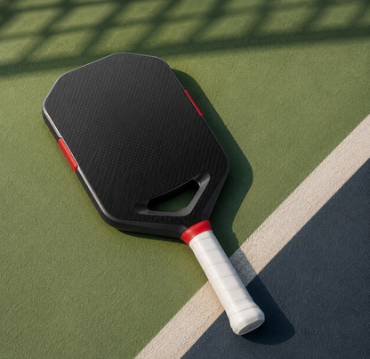 Raquette de pickleball haut de gamme en fibre de carbone posée sur la ligne d'un terrain de sport.