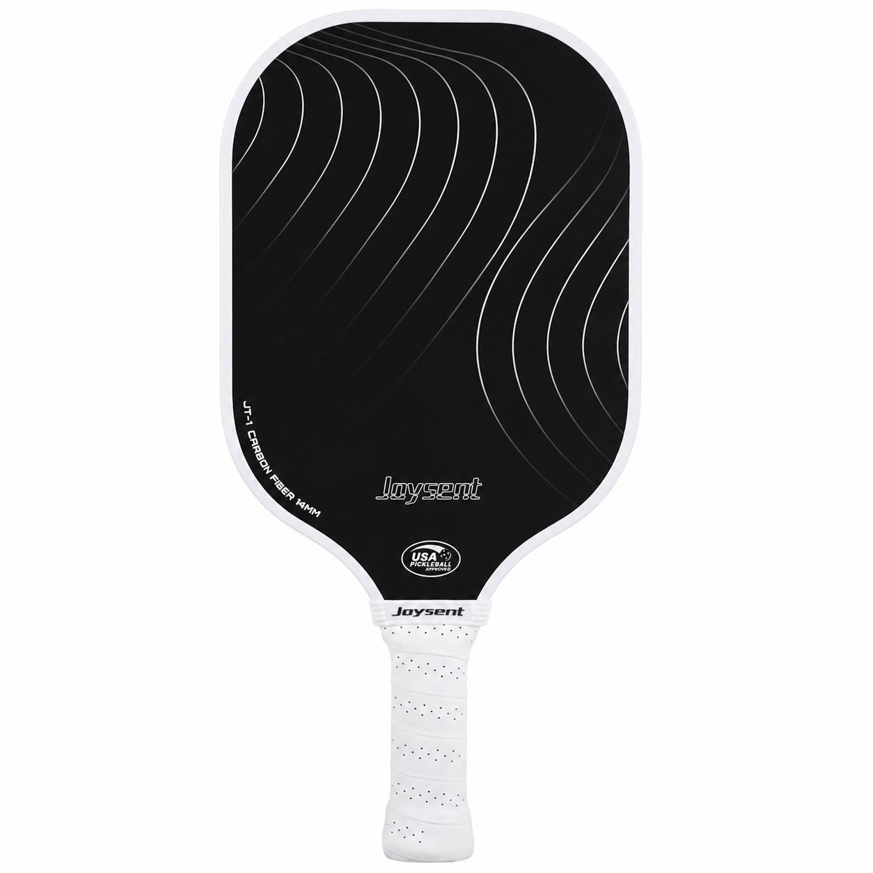 Raquette Joysent JT-1 Carbon Fiber 14mm avec contours et lignes ondulées de couleur blanche.
