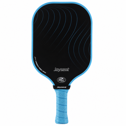 Version bleu cyan de la raquette haut de gamme Joysent JT-1 avec manche perforé assorti.