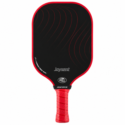 Modèle sportif rouge écarlate de la raquette Joysent JT-1, grip et contours rouges.