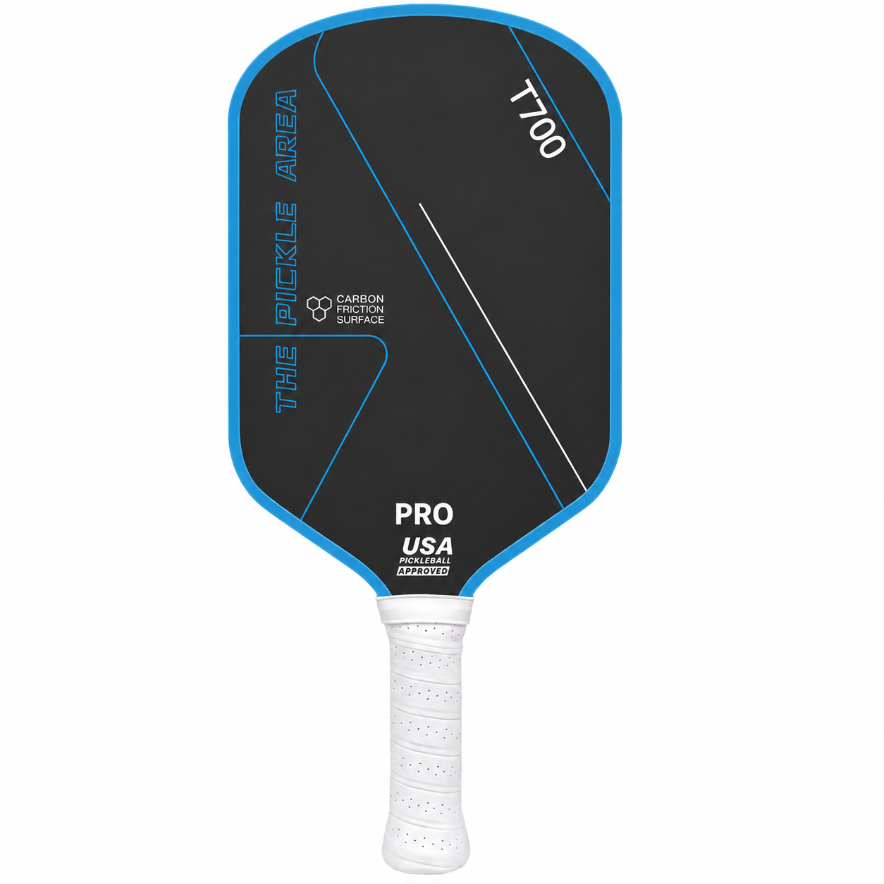 Version bleu cyan de la raquette de pickleball T700 Pro Area dotée d'un manche blanc respirant.