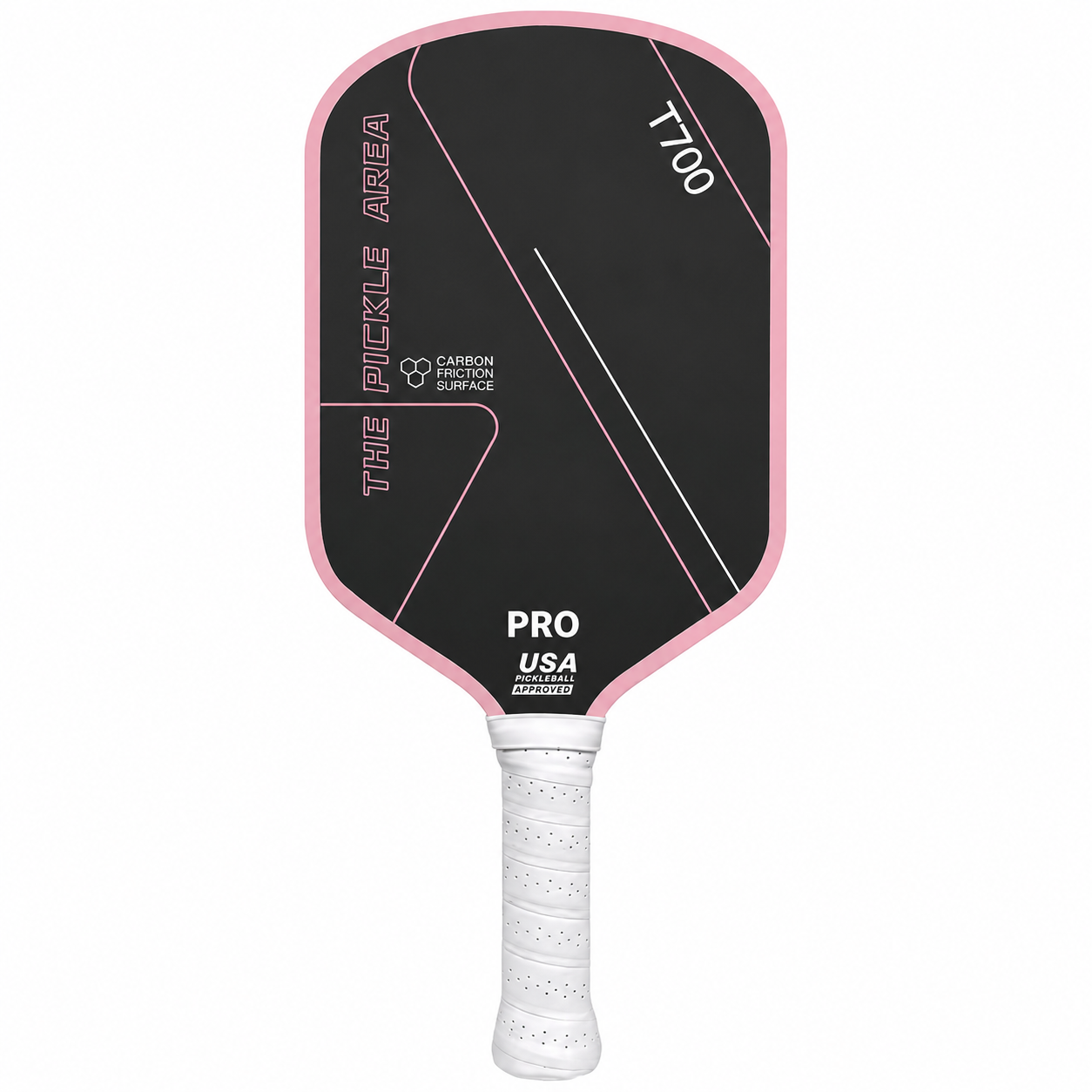 Teinte rose pastel et blanche pour la raquette de pickleball T700 Pro Area homologuée USA Pickleball.