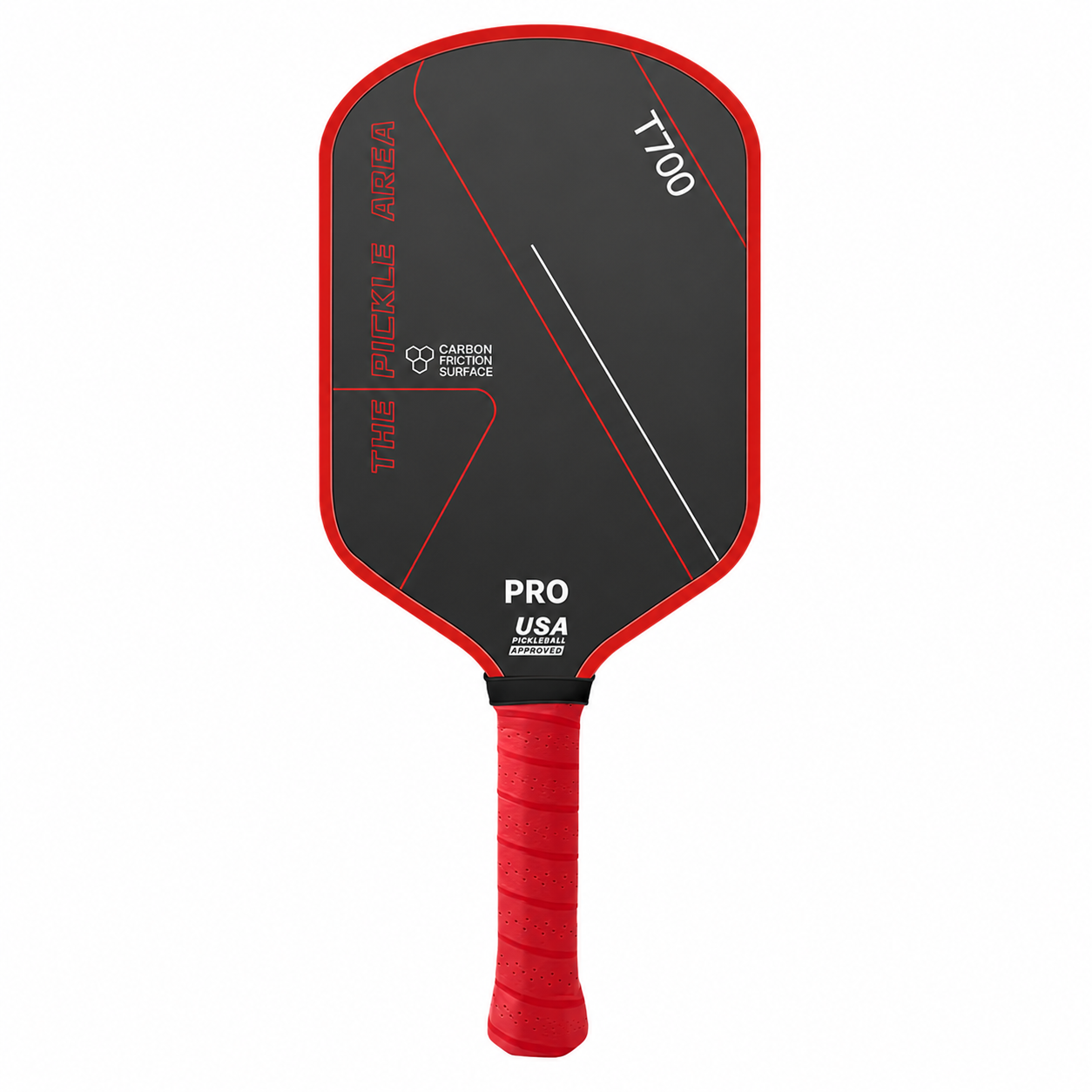Version sportive rouge écarlate de la raquette T700 Pro Area, grip et contours rouges.
