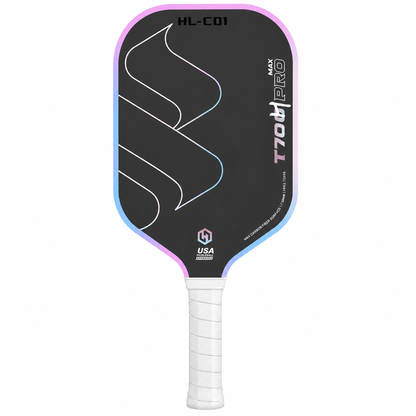 Raquette haut de gamme T700 Pro Max HL-CD1 avec lignes blanches et contour dégradé bleu et rose sur fond blanc.