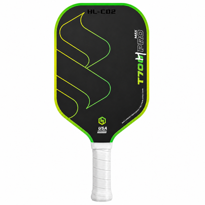 Raquette de pickleball en carbone brut T700 Pro Max modèle HL-CD2 avec finitions vert fluo.